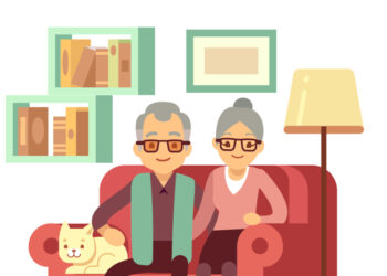 Old happy family - husband and wife on sofa at home. Retirement vector concept. Family love husband and wife on sofa, couple lifestyle illustration