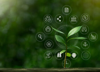ESG icon concept with small tree for environmental, social, and governance in sustainable and ethical business on the Network connection on a green background.