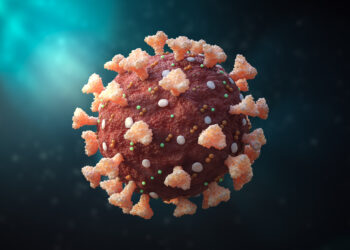 Close-up of a coronavirus or sars-cov-2 cell 3D rendering illustration. Accurate anatomy of the virus. Microbiology, medicine, science, virology concepts.