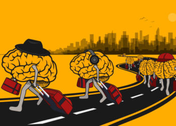 The brains leave the city with their luggage. (Used clipping mask)
