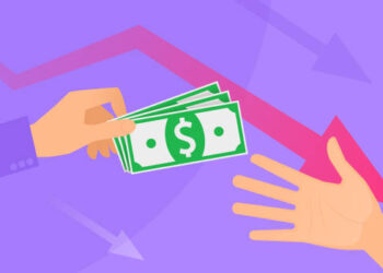 An unemployment benefits and cash assistance. A hand holds the pack of paper money, another takes them. A financial assistance, monetary support, economic crisis flat vector concept hd illustration.