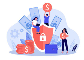 Money insurance concept. People protecting their cash and savings with shield. Flat vector illustration for safe loan, assurance, finance, guarantee topics