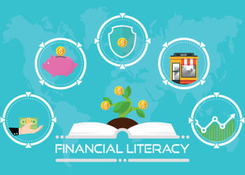 Financial literacy course concept. design by opened book for wealth growth by knowledge of cash reserves, savings money, protect fund, invest in business and stock market investment. Vector illustration.