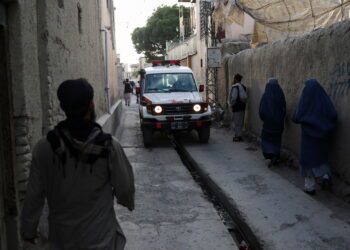 An Ambulance is seen near the site of explosions at Khalifa Sahib Mosque in Kabul, Afghanistan April 29, 2022. REUTERS/Ali Khara