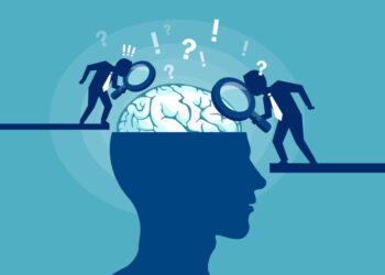 Colorful vector illustration of scientists researching brain and psychology of human on blue background