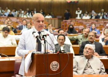 Pakistan's prime minister-elect Shehbaz Sharif speaks after winning a parliamentary vote to elect a new prime minister, at the national assembly, in Islamabad, Pakistan April 11, 2022. Press Information Department (PID)/Handout via REUTERS