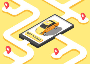 Taxi concept. Isometric yellow car cab riding for client on map. Taxi service app vector background. Taxi city, cab street, yellow automobile illustration
