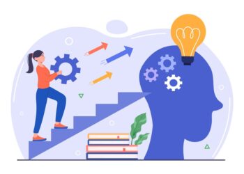 Upskilling and training concept. Employee training and coach for positive progress. Woman climbs stairs to brain. New knowledge. Cartoon flat vector illustration isolated on a white background