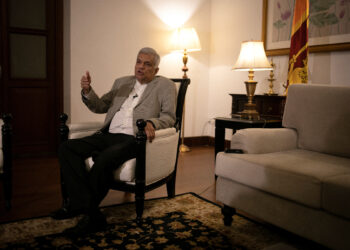 Sri Lanka's Prime Minister Ranil Wickremesinghe gestures as he speaks during an interview with Reuters at his office in Colombo, Sri Lanka, May 24, 2022. REUTERS/Adnan Abidi